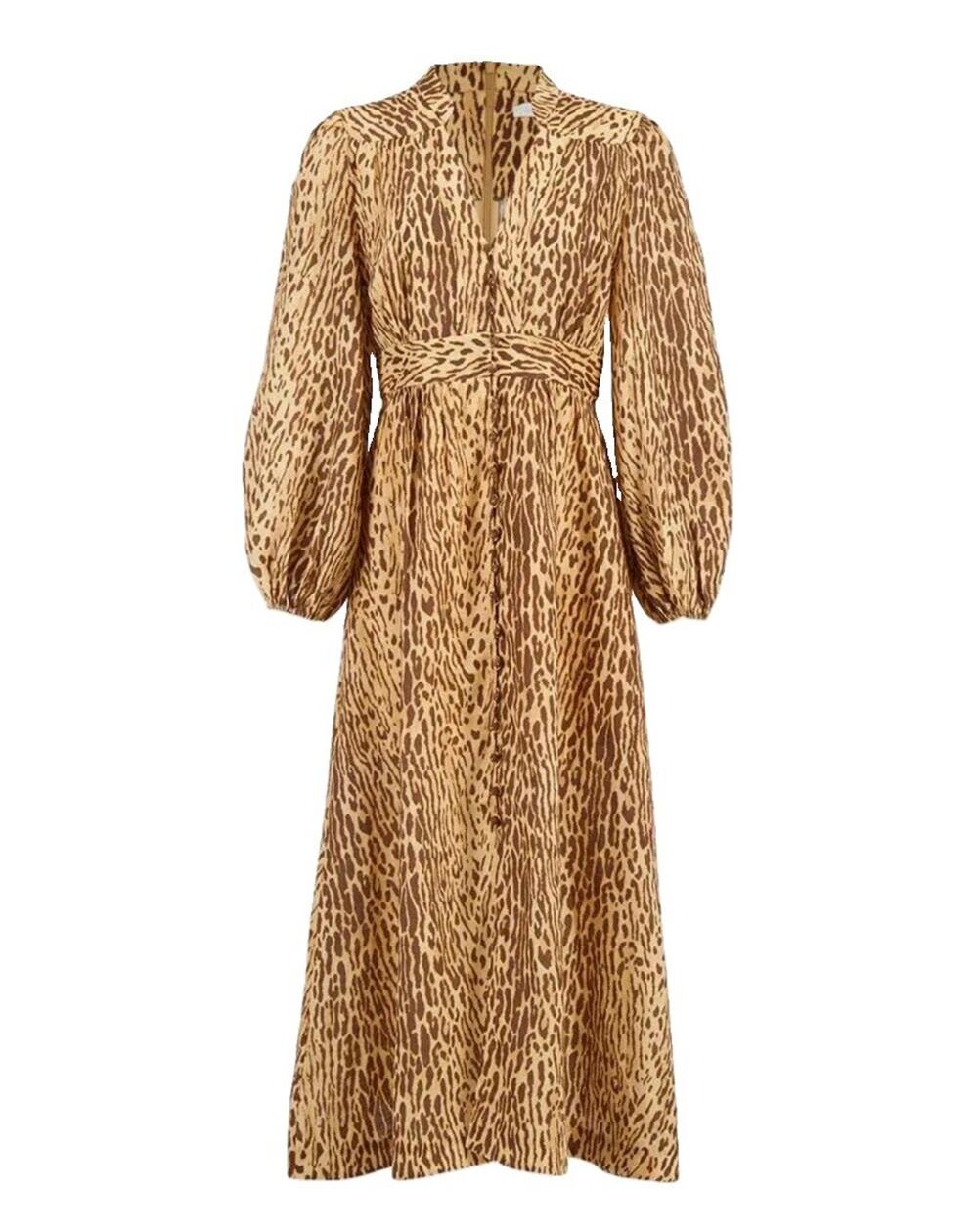 NWT Zimmermann Cascadian Leopard Print Linen Midi Dress Size 0 AU/4 US